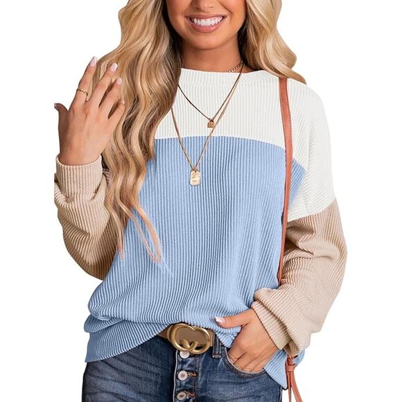 NWT ~ Blue & White Color Block Long Sleeve Pullover Crewneck Top ~ Women's XL - Picture 1 of 3